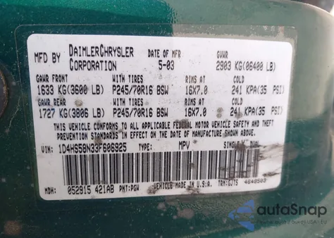 2003 Dodge Durango Slt Plus z USA, uszkodzony, nr VIN 1D4HS58N33F606925